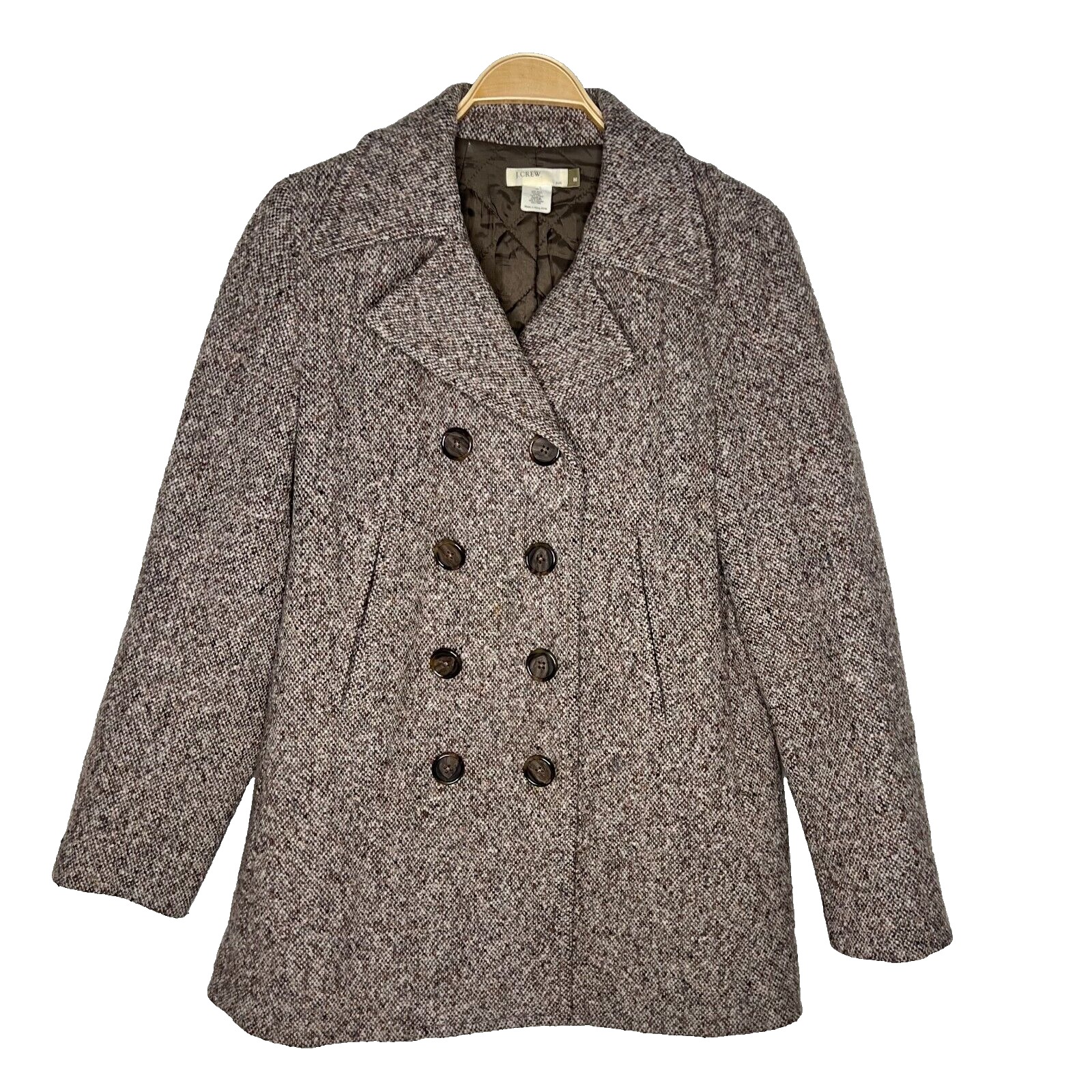 Vintage J.Crew Sz Medium Double Breasted Tweed Pea Coat Quilted Lining